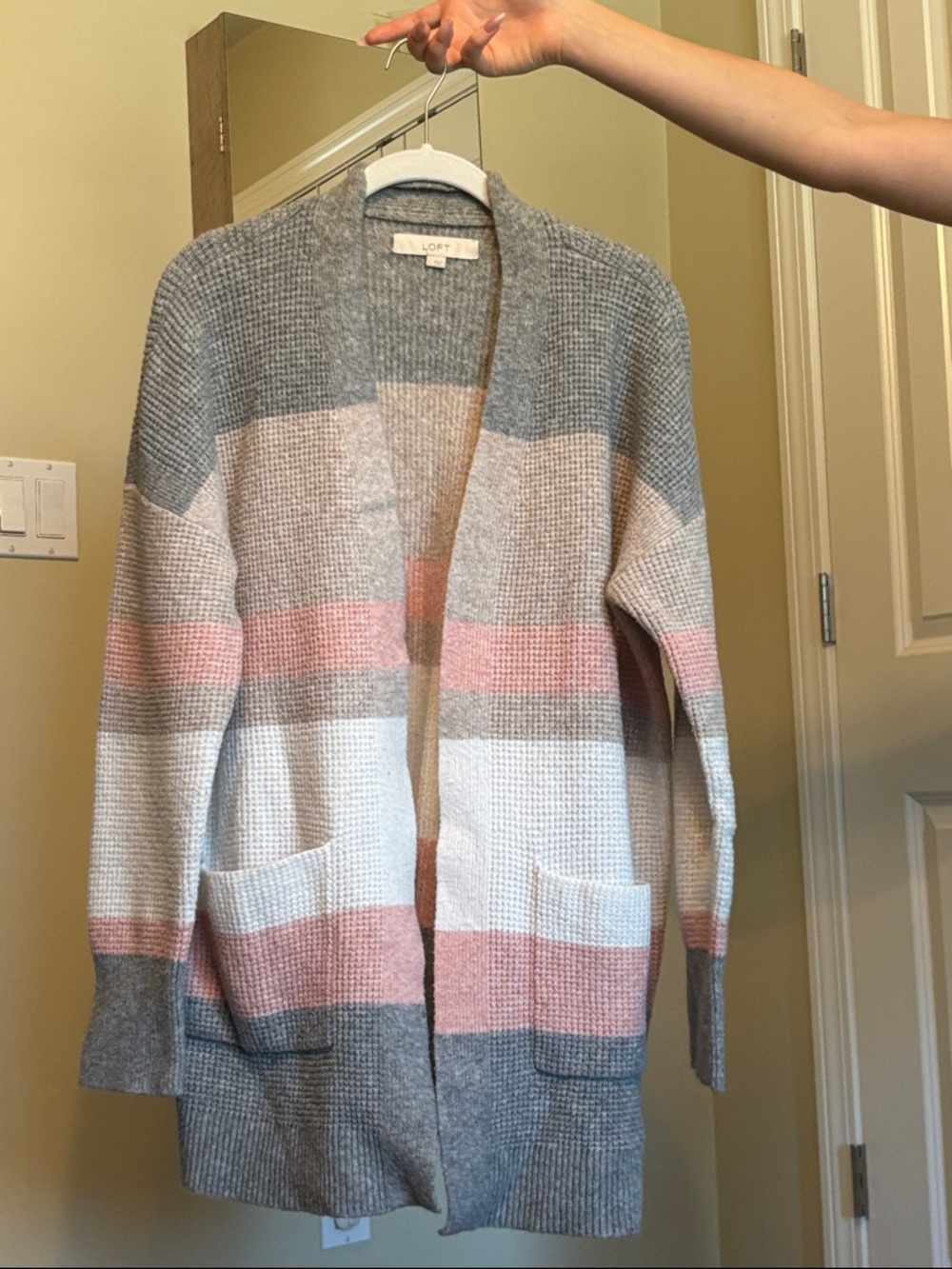LOFT Gray, Pink & Cream Striped Open-Front Cardigan